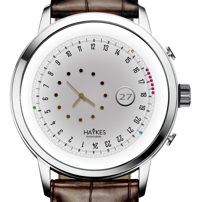 watch 2023, leather strap/white dial and weather warning active with red LEDS