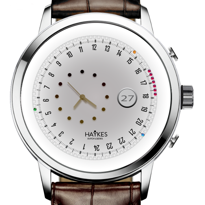 oktober 3 wit weer zoom_ watch 2023, leather strap/white dial and weather warning active with red LEDS